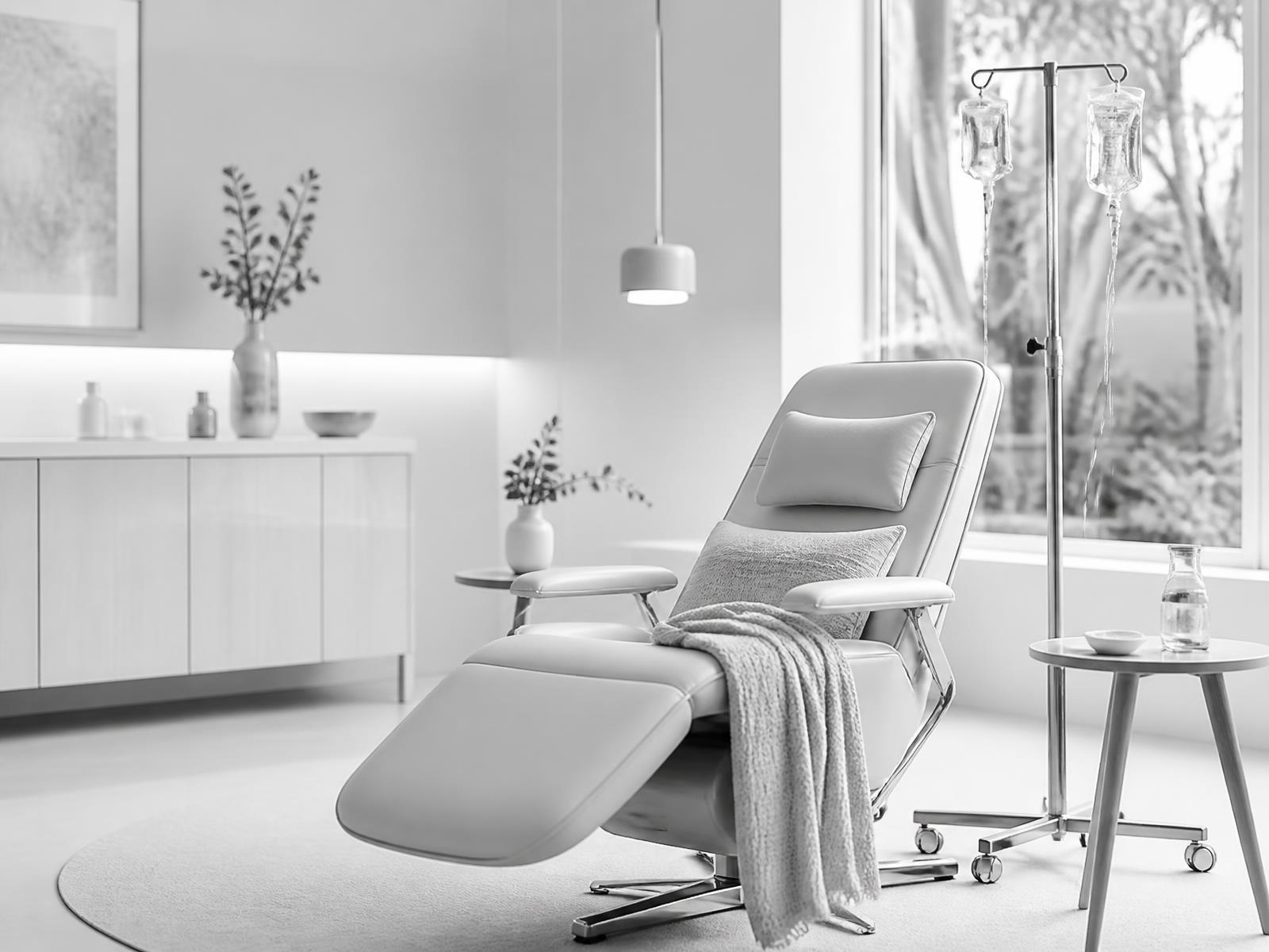 Poltrona e suporte de soro na sala de práticas integrativas onde é feita a soroterapia